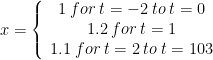 \[x = \left\{ {\begin{array}{*{20}{c}}
  {1 \: for \: t =  - 2 \: to \: t = 0} \\
  {1.2 \: for \: t = 1} \\
  {1.1 \: for \: t = 2 \: to \: t = 103}
\end{array}} \right.\]