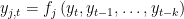 $y_{j,t} = f_j \left (y_t, y_{t-1}, …, y_{t-k} \right) $