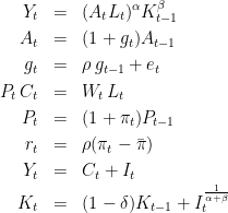 \begin{eqnarray*}
Y_t &=& (A_t L_t)^\alpha K_{t-1}^\beta \\
A_t &=& (1+g_t)A_{t-1}\\
g_t &=& \rho\, g_{t-1}+e_t\\
P_t\,C_t &=& W_t\, L_t\\
P_t &=& (1+\pi_t) P_{t-1}\\
r_t &=& \rho (\pi_t - \bar{\pi}) \\
Y_t &=& C_t + I_t\\
K_t &=& (1-\delta)K_{t-1} + I_t^\frac{1}{\alpha+\beta}
\end{eqnarray*}